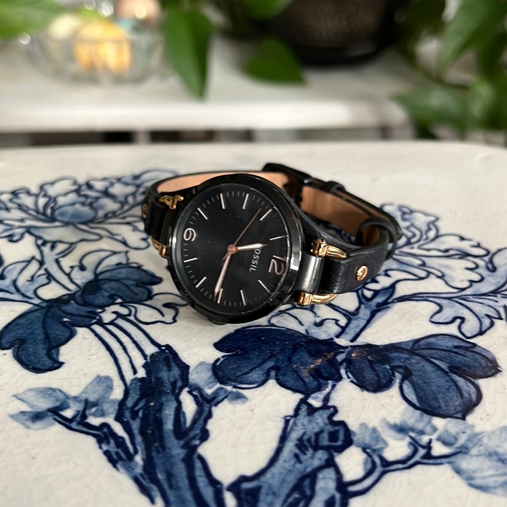 Fossil black and rose gold watch